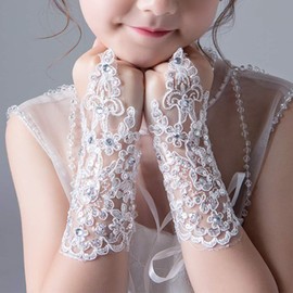 White Lace Gloves, 30cm Long Lace Fingerless Gloves Flower Lace Princess Wedding Gloves for Girls Birthday Costume Party Accessories