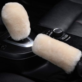 OGLAND Fluffy Natural Fur Sheepskin Car Gear Shift Handle Level Stick Knob Covers for Automobile Selector Handball Collar, Handbrake Cover (Pearl)