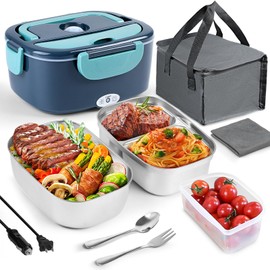 Electric Lunch Boxes for Adults, Fast 80W 1.5L Food Electric Heated Lunch Box with 2 Stainless Steel Containers for Car/Truck/Office Leak-Proof Stainless Steel Container, Fork & Spoon, Washcloth, Bag