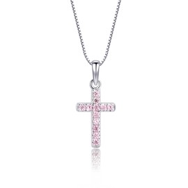 Precious Pieces Girl's or Women's Sterling Silver Pink CZ Cross Necklace for First Holy Communion Gift