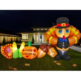 9FT Long Thanksgiving Inflatables Turkey Outdoor Decorations Blow Up Turkey Yard Inflatable with Pumpkin Corn Cornucopia Built-in LED Lights Thanksgiving Day Parade Fall Lawn Garden Outside Decor