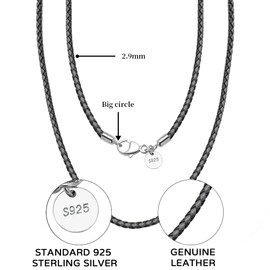 Viwind Genuine Leather Necklace Leather Chain 2.9 mm Wide Braided Leather Cord Chains 45-55 cm Choice of 925 Sterling Silver Clasp Women Men for DIY Pendant with Gift Box, Genuine Leather