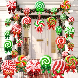 Huwena 30 Pcs Christmas Outdoor Hanging Decorations Snowflakes Candy Yard Signs Include 6 Plastic Yard Stakes 24 Double Sided Ornaments for Christmas Winter Holiday Garden Tree Decor(Candy Cane)