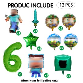 Decorazione di compleanno per ragazzi e giocatori, 6 anni di compleanno, palloncini decorativi, 12 pezzi contiene carattere, pellicola rotonda, pentagramma, numeri, quadrati, spada, adatto per ragazzi