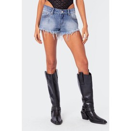 Erika Low Rise Frayed Denim Shorts - Color: BLUE, Size: S