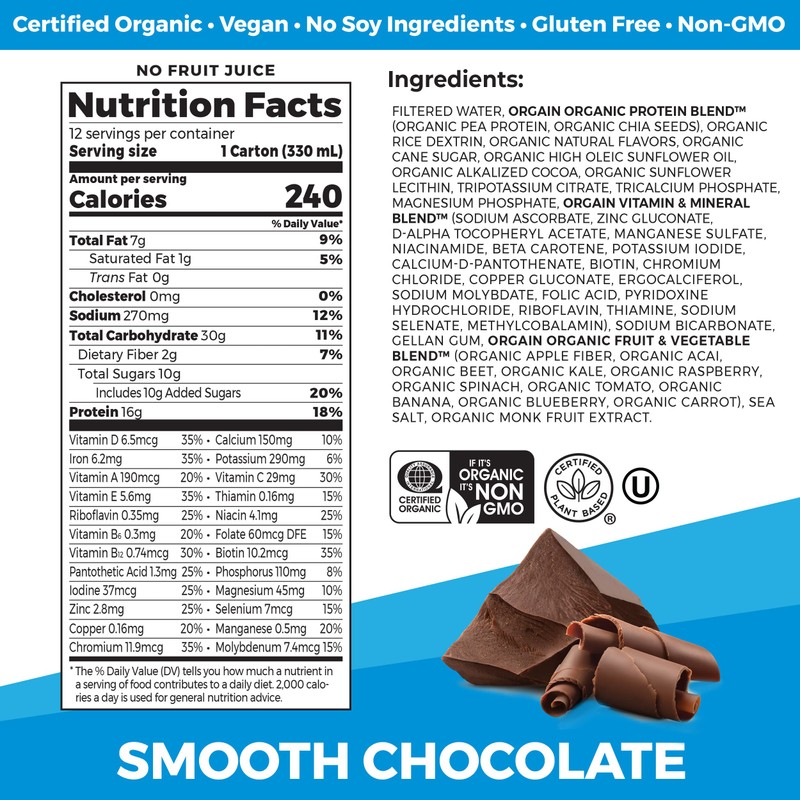 Orgain Organic Nutritional Vegan Protein Shake, Smooth Chocolate - 16g