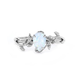 QKABTI Pear Cut White Opal Vine Leaf Ring for Women S925 Sterling Silver 6X8 MM Created Opal Art Deco Inspired Leaf Ring Promise Statement Anniversary Ring for Her Size 8