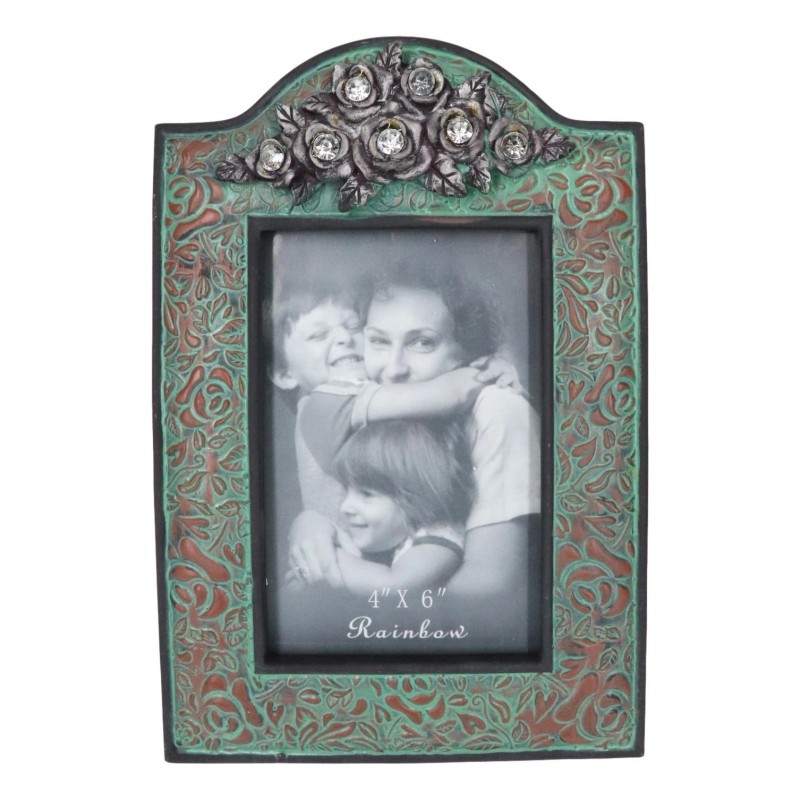Western Silver Roses Turquoise Faux Tooled Leather Picture Photo Frame