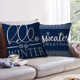 ULOVE LOVE YOURSELF 4Pack Hello Winter Throw Pillow Cover 18x18'' Blue Sweater Weather/Snowflake Christmas Decor Pillowcases Winter Holiday Decorative Cushion Covers for Sofa/Couch/Porch MYT4P