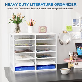 PAG-Mass Mail Sorter for Desk, Countertop Literature Organizer, Student Mailbox for Classroom, Desktop Bill Paper Holder Rack for Office Home School, 12 Compartments, White