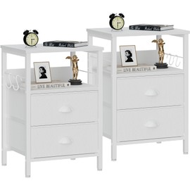 Furologee Nightstands Set of 2, End Table with 2 Fabric Drawers, Night Stand with 2 Hooks, Open Wood Shelf Bedside Table for Bedroom/Living Room/White