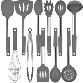 Silicone Kitchen Cooking Utensils Set with Stainless Steel Handle, Spatula Set Utensil Set, Cooking Utensil Set,Kitchen Tools Gadgets for Nonstick Cookware (11, Gray)
