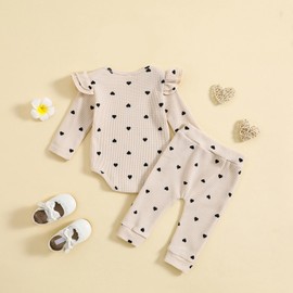 WYTbaby Baby Girl Clothes Set Long Sleeve Romper Ruffle Top +Printed Pant Outfits Set for Toddler Infant Baby Girl 0-3 Months
