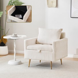 Furnimart Storage Accent Chair with Arm, Mid-Century Corduroy Sofa Chair with Removable Cushion Cover, Reading Chair for Bedroom, Living Room, Apartment, Beige