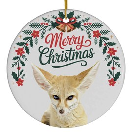 Funny Large Ears Fennec Fox Christmas Ornament Ceramic Circle White - Merry Christmas 2025 Holiday Keepsake Decoration - Xmas Tree Hanging Decor Gifts for Fox Lovers