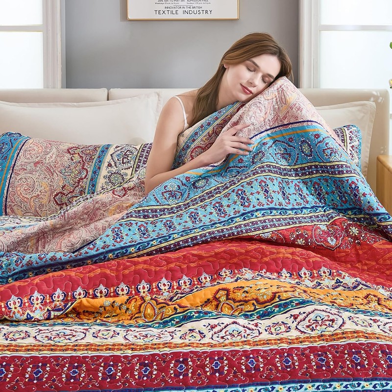 WONGS BEDDING Bohemian Quilt Set Queen Size, Boho Striped Pattern