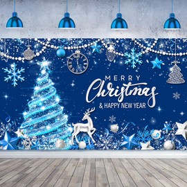 Tiamon Merry Christmas Party Backdrop Christmas Banner Background Xmas Tree New Years Eve Photography Background for Christmas New Years Eve Party Decoration Supplies (Blue Gold, 72.8 x 43.3 Inch)
