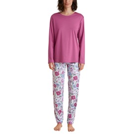 CALIDA Spring Flower Dreams Women's Long Pyjamas 100% Supima Cotton, Red Violet