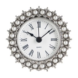 NIKKY HOME Small Table Clock with Faux Pearls Battery Operated for Living Room Decor Desk Shelf 3'', White