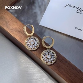 FOXNOV Gold Hoops Earrings for Women Lightweight Hypoallergenic Earrings, Crystal Flower Dangle Earrings for Women, 14K Gold-Plated Huggie Hoops with Cubic Zirconia, Round Medallion Design, Earrings for Women Trendy