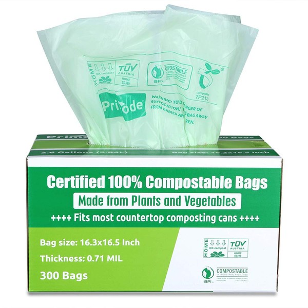 Compostable Bags ASTM D6400 By Primode | Premium Food Waste Bags, 100% Certified Compost Bags Small Kitchen 2.6 Gallon trash bags, Extra Thick 0.71 Certified by BPI & TUV(300)
