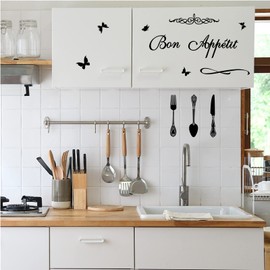 SUPERDANT Wall Sticker with Kitchen Theme Bon Appetit French Vinyl Wall Sticker Tableware Butterfly Wall Art Sticker Dining Room Wallpaper For Dining Room Kitchen Decoration