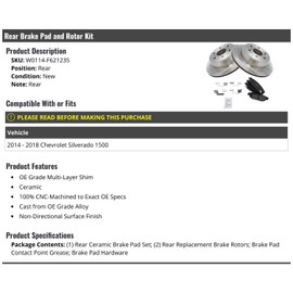 Marketplace Auto Parts Rear Ceramic Brake Pad and Rotor Kit - Compatible with 2014-2018 Chevy Silverado 1500