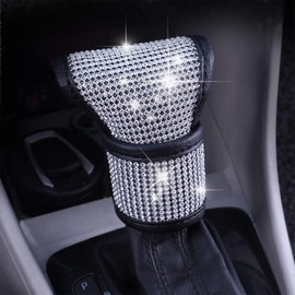 SPANICE Bling Bling Auto Shift Gear Cover, Leather Auto Gear Shift Knob Cover with Crystal Glitter Bling Rhinestones for Girls,Lady Universal Fit (White)