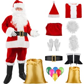Men's Santa Claus Costume with Beards Complete Deluxe Santa Suit Premium Velvet Classic Santa Costume for Adults (X-Large, Red)