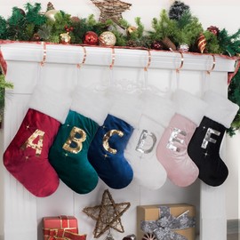BHD BEAUTY Initial Christmas Stockings Green Velvet Gold Sequin Soft Faux Fur 20 Inches Embroidery Monogrammed Stocking Pattern for Family Decorations Hanging Ornament for Xmas Holiday Party Letter A