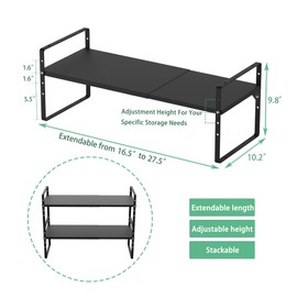 Redrubbit Expandable Cabinet Shelf Organizers, Stackable Kitchen Counter Shelves Spice Rack for Kitchen Bathroom Pantry Cupboard Desk Home Office, Black-Large