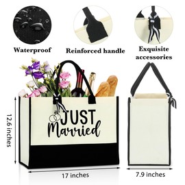 Bride Gifts Just Married Tote Bag, Wedding Bridal Shower Gifts,Engagement Gifts for Couples Wife,Bachelorette Party,Honeymoon Essentials, Fiance Newly Engaged Gifts Beach Bag Reusable Grocery Bags