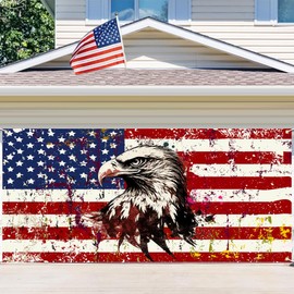 8X7FT 4th of July Garage Door Decorations Cover, American Flag Stars and Stripes Bald Eagle Garage Buddy, US Flag Patriotic Independence Veterans Memorial Outdoor Party Decor