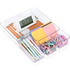MultiBey 5 PCS Clear Plastic Drawer Organizer Set, 3 Sizes Non-Slip Storage Bins Organizer Trays for Makeup, Jewelry, Pantry & Office
