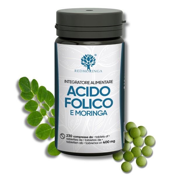 Folic Acid Supplement | 230 Folate Tablets 400 mcg Vegan with Organic Moringa | Pregnancy Supplement Vitamin B9 | Folic Acid | Gluten Free Made in Italy by RedMoringa®
