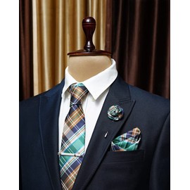 AXLON Green Checkered Ties For Men – Tie Set With Pocket Square Cufflinks Tie Clip Bar & Flower Brooch Pin For Mens (Pack of 5) (AXTS72)