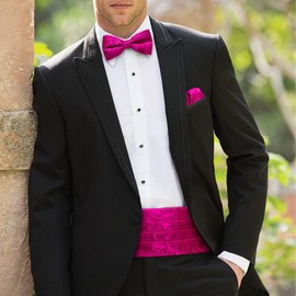 Barry.Wang YOHOWA Men Cummerbund Bow Tie Set Paisley Hot Pink Silk Pre-Tied Bowtie Pocket Square Cufflinks Formal Wedding Party Prom Tuxedo
