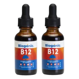 Paquete de 2 Botellas Vitamina B12 Líquida Sublingual Bioganic Vegana, Sin Azucar, Sin Gluten, Sabor Arándano, 240 Tomas en Total | 120 Tomas por Bote