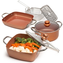 Moss & Stone 7 Pcs Copper Chef Cookware Non Stick Deep Frying Pan 9.5" x 3.5", Fry Basket, Dishwasher & Oven Safe, 5 Qt Deep Square Pot, Non Stick Pan & Round Pot, Induction Copper Cookware Set