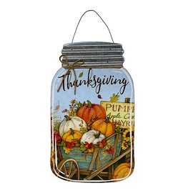 S/2 Thanksgiving & Give Thanks Mason Jar Shaped Signs Large Autumn Fall Rustic Wood & Metal Door Wall Hanging Decor 15.5" x 9.3"