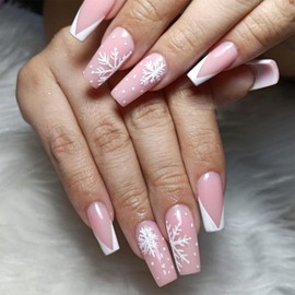 Christmas Press on Nails Medium French Tip Fake Nails Pink Glossy Glue on Nails with Snowflakes Designs Xmas Acrylic Nails Full Cover White Nail Tips False Nails for Women Winter Nail Decoration 24Pcs