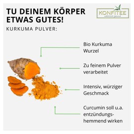 Konfitee Bio Kurkuma Pulver 250g I feines Kurkuma Pulver in Bio Qualität I intensiv würziger Geschmack I Bio Kurkuma Wurzel gemahlen I Zum Hinzugeben in Speisen & Getränke I Kurkumapulver Bio
