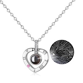 NEW-EC I Love You Necklace 100 Languages for Her Mom Rose Gold Antler Dear Elk Memory Projection Necklace in Different Ways Mother's Day Birthday Gift for Wife Box (Silver-Heart)