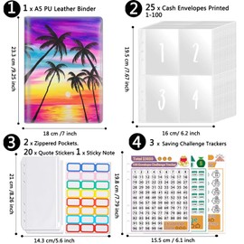 100 Envelopes Money Saving Challenge, Money Saving Budget Binder with Cash Envelopes, Motivational Process to Save $5050, A5 Saving Challenge Book - Coconut Trees in the Sunset