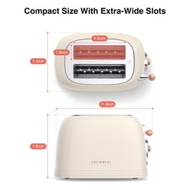 CROWNFUL 2-Slice Toaster, Extra Wide Slots Toaster, Retro Stainless Steel with Bagel, Cancel, Defrost, Reheat Function and 6-Shade Settings, Removal Crumb Tray, Cream