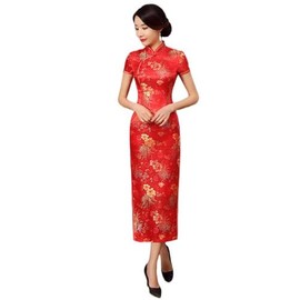 Women's Brocade Chinese Cheongsam Short Sleeve Mid Calf Qipao Dress (424# Red, L)