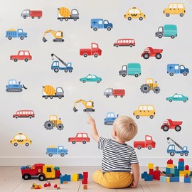 Cartoon Construction Vehicles Wall Decals for Boys Room Decor, 48Pcs DIY Removable Vinyl Road Transportation Vehicle Stickers with Car Truck Excavator for Kids’ Bedroom Playroom Nursery Wall Decor
