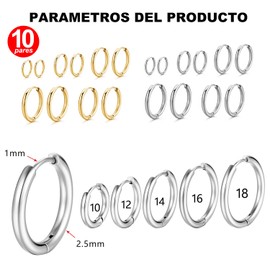 EDINNO Juego de 10 Pares de Aretes de Aro Pequeños de Plata para Mujer, Aretes de Aro de Ligeros, 10 Pares de Aretes de Aro Pequeños, para Hombres Y Mujeres (10 mm, 12 mm, 14 mm, 16 mm, 18 mm)