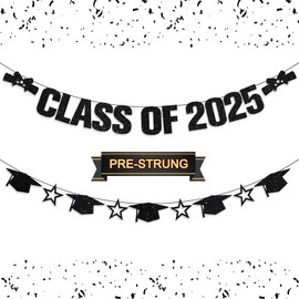 Gifloon Pre-Strung Class of 2025 Banner, Congrats Banner for Graduation Party Decorations, Black Glitter