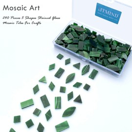 LITMIND Forest Green Stained Glass Mosaic Tiles - 240 Pieces in 5 Shapes (Rectangle, Triangle, Rhombus, Square, Leaf) for Crafts & Mosaic Projects